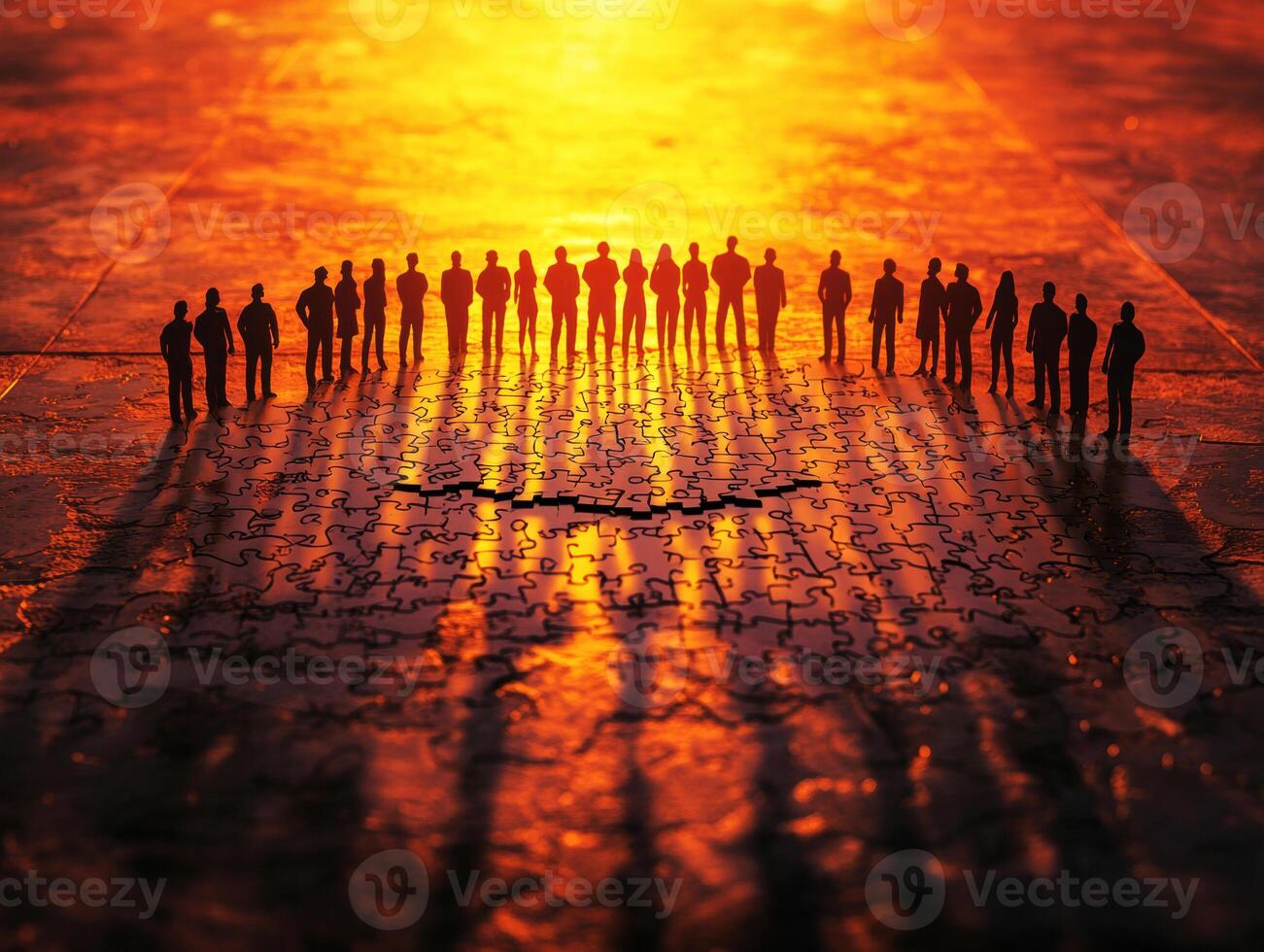 Silhouetted figures on puzzle pieces at sunset photo