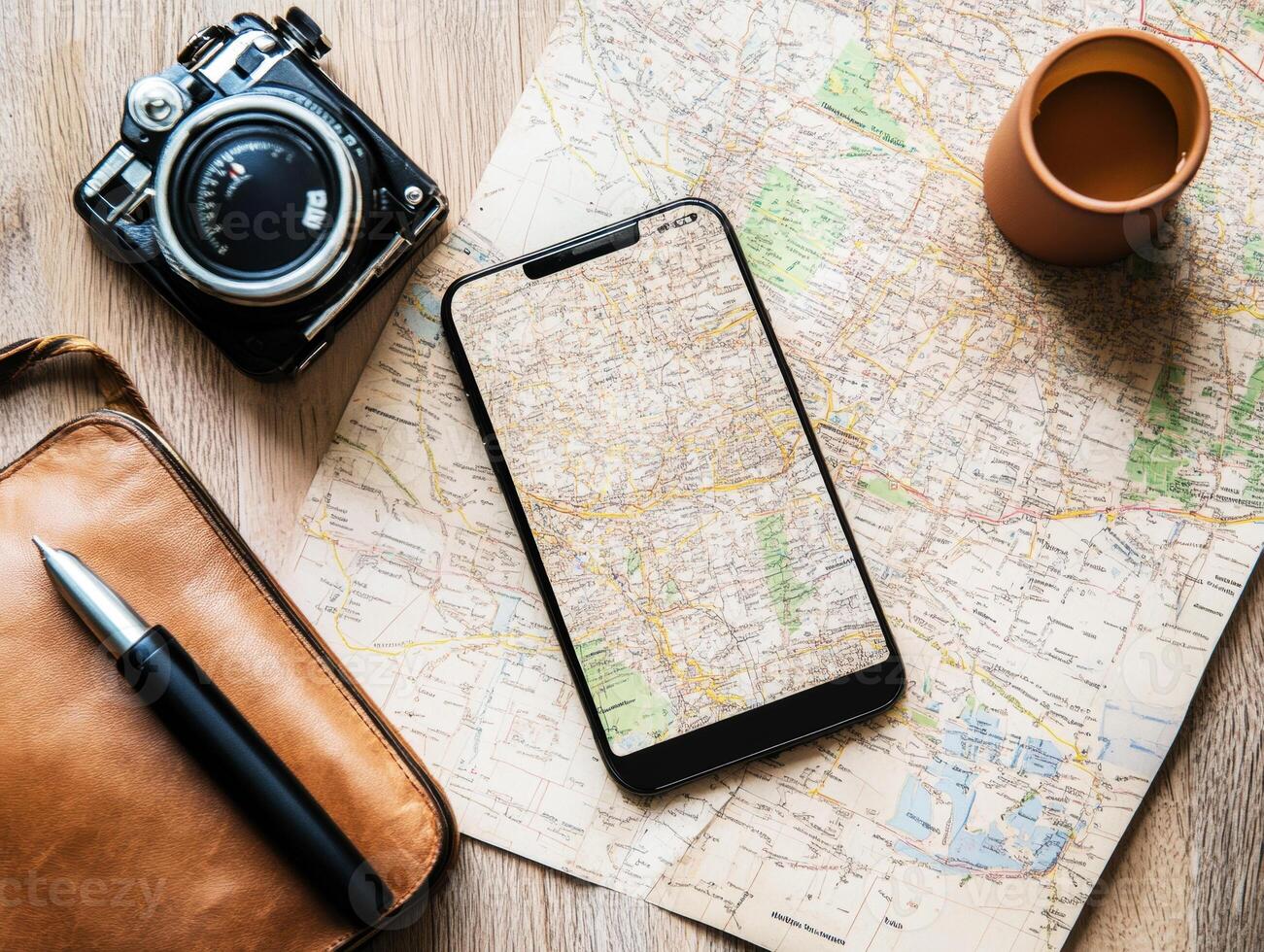 Exploring travel essentials with vintage camera, smartphone, and map photo