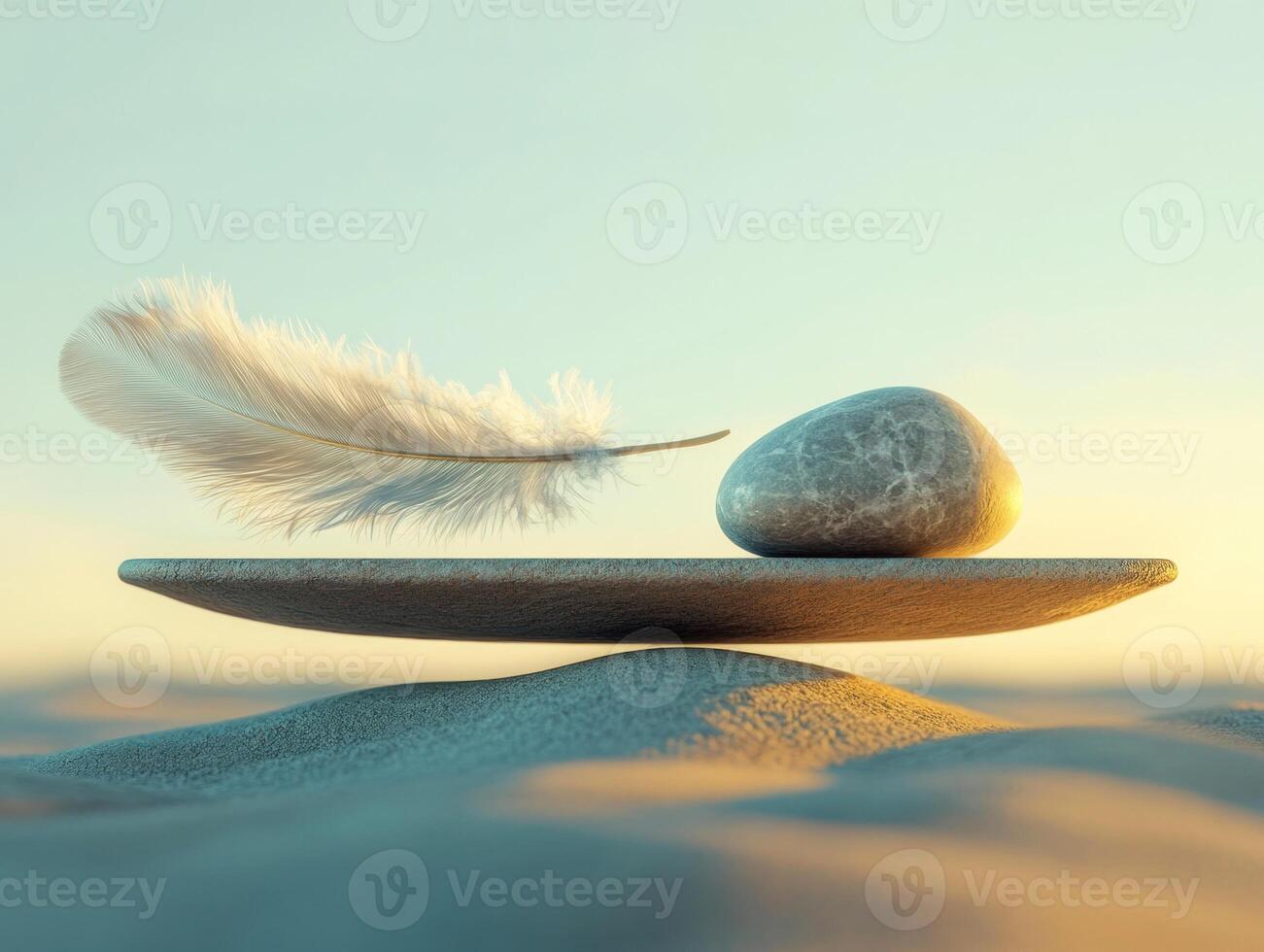Floating feather and stone on a smooth surface at sunset photo