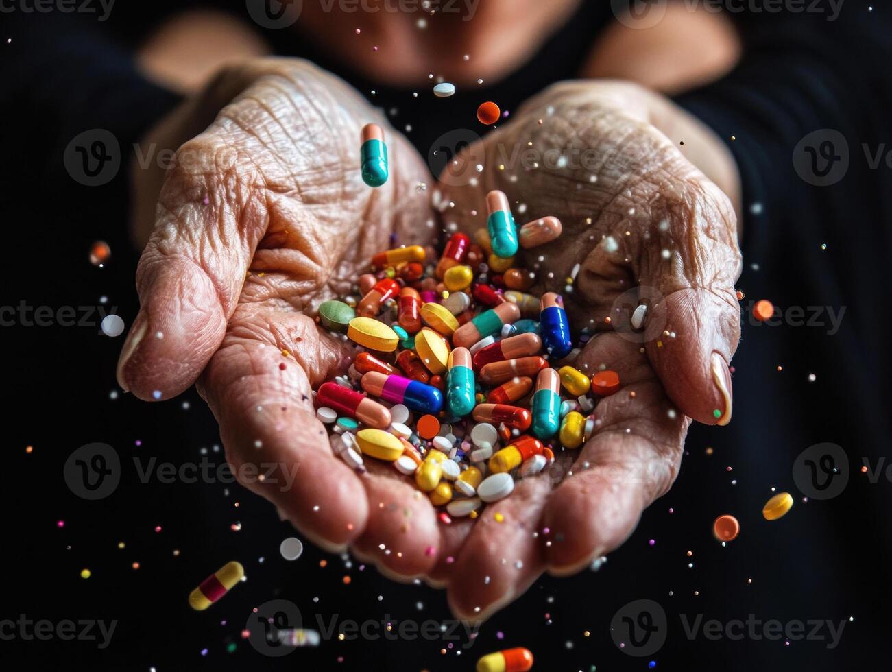 Colorful assortment of pills held in aged hands showcasing health photo