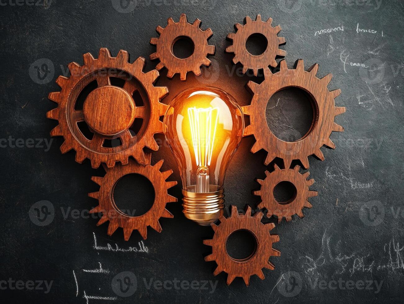 Creative light bulb surrounded by wooden gears on dark background photo