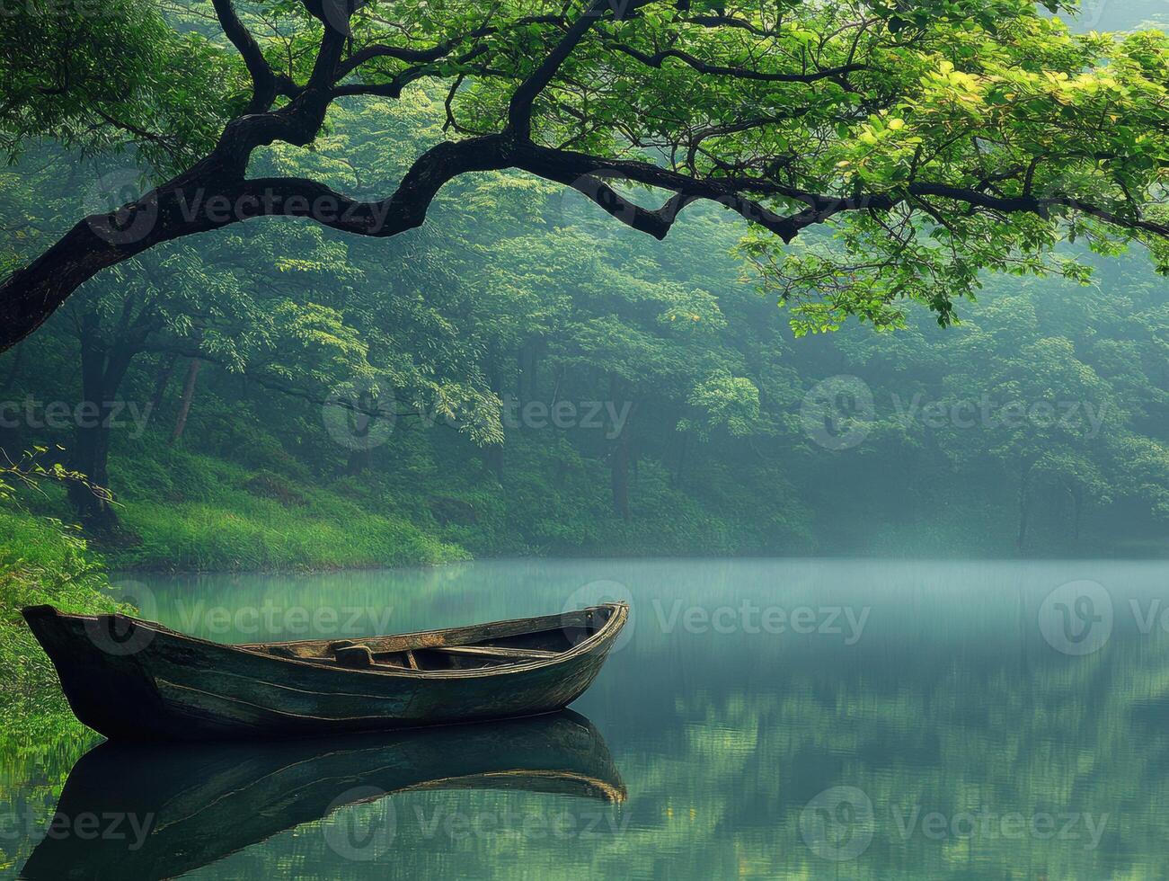 Serenity at dawn with a boat on a tranquil lake surrounded by trees photo
