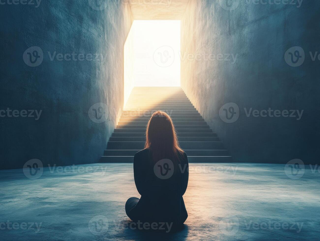 Person meditating in a serene space with light and stairs photo