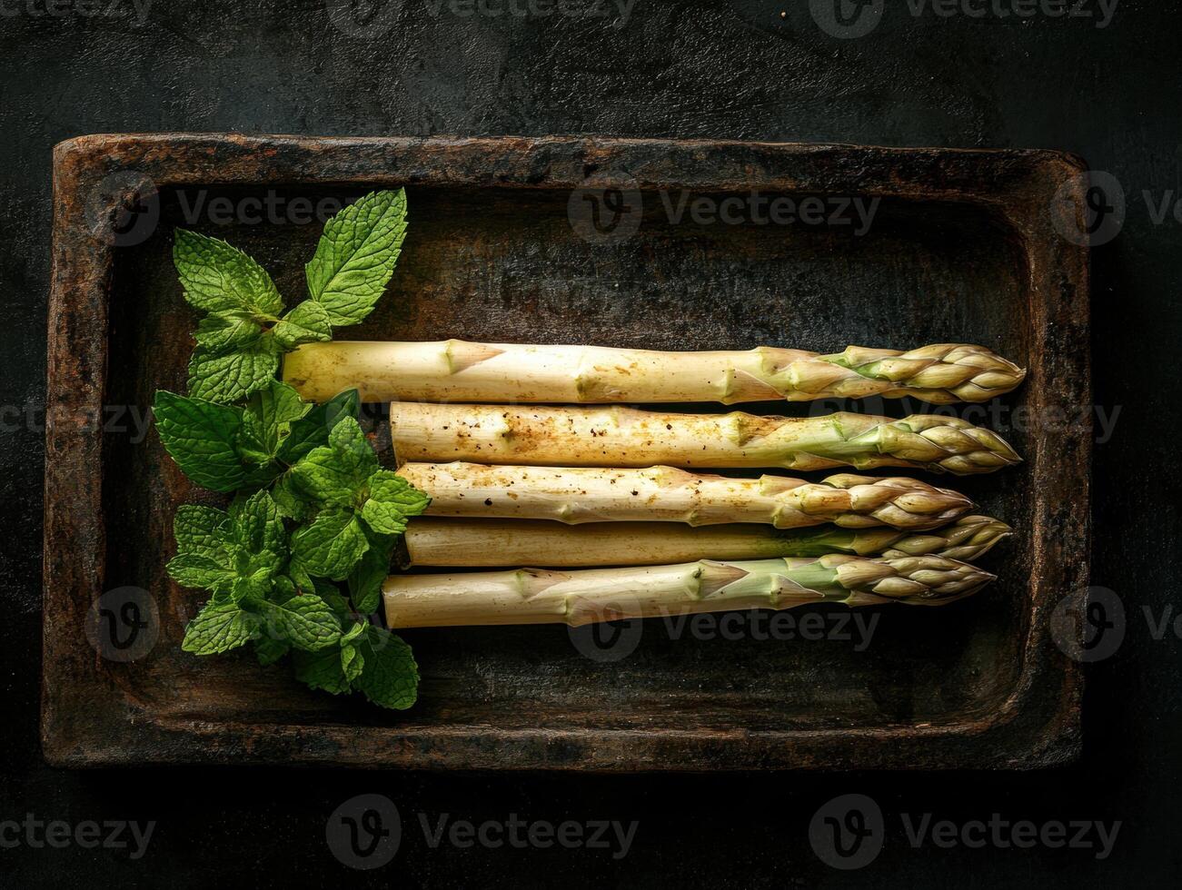 Fresh asparagus and mint arranged on a rustic wooden tray photo