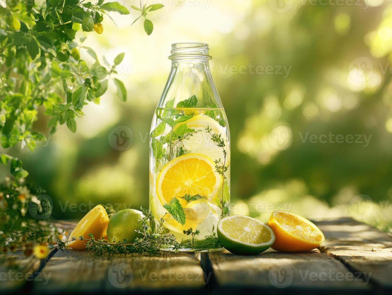 Refreshing lemon and lime water with mint in a glass bottle photo