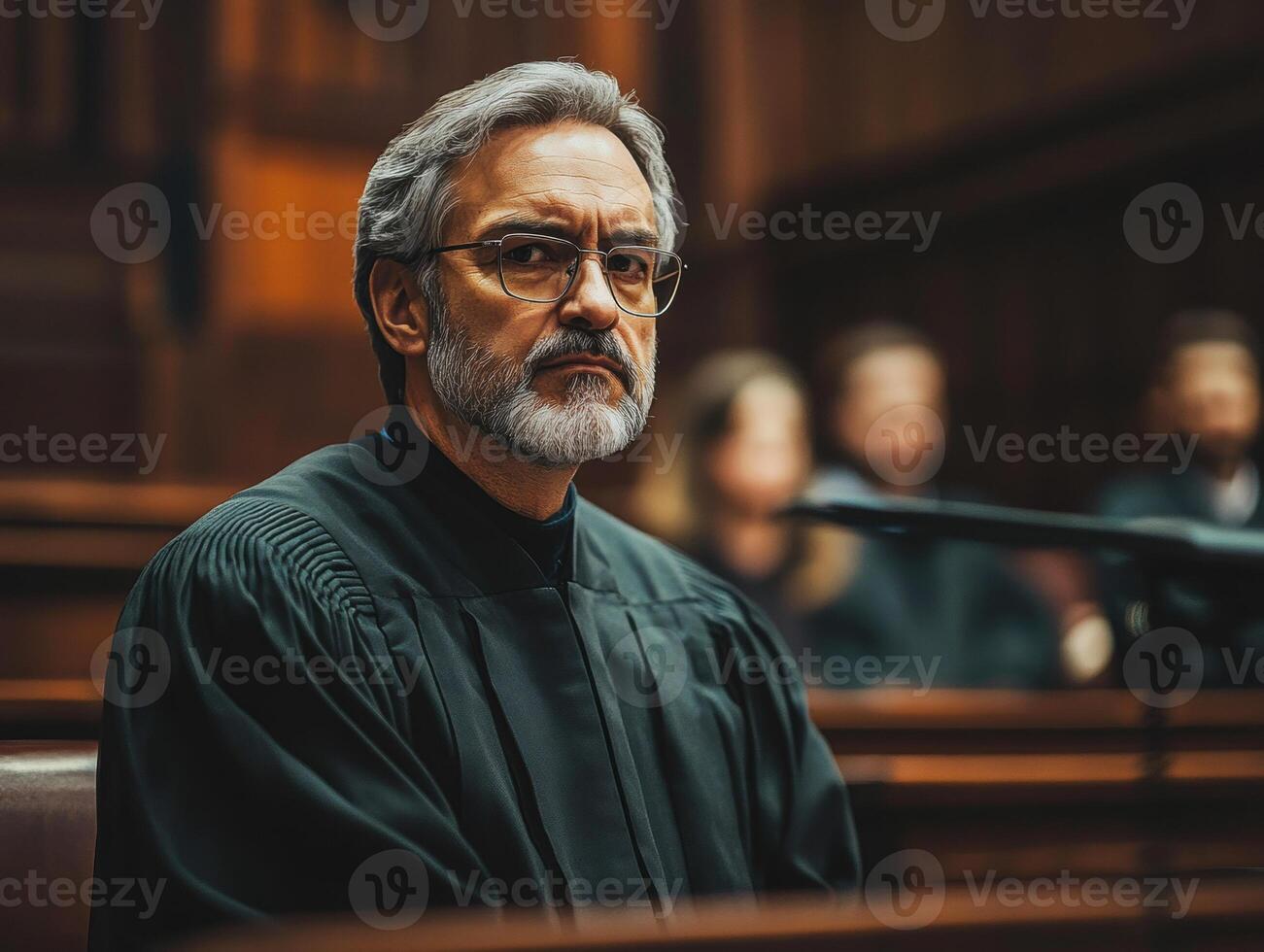 Judge presiding over court session with focus on serious deliberation photo