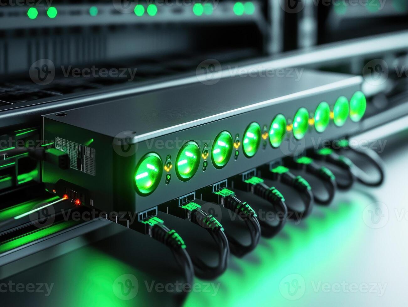 Network device with green indicators in a server room setting photo
