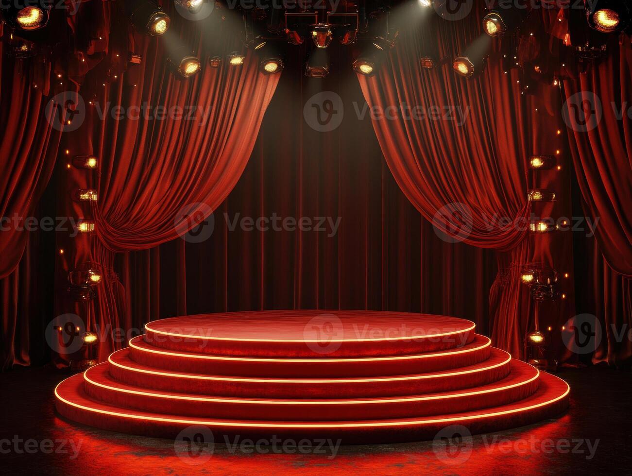 Classic stage setting with red curtains and dramatic lighting photo