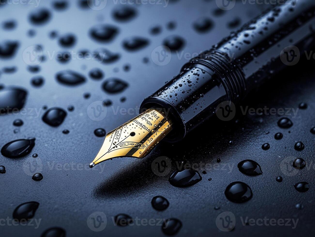 Elegant fountain pen resting on a wet surface with droplets photo