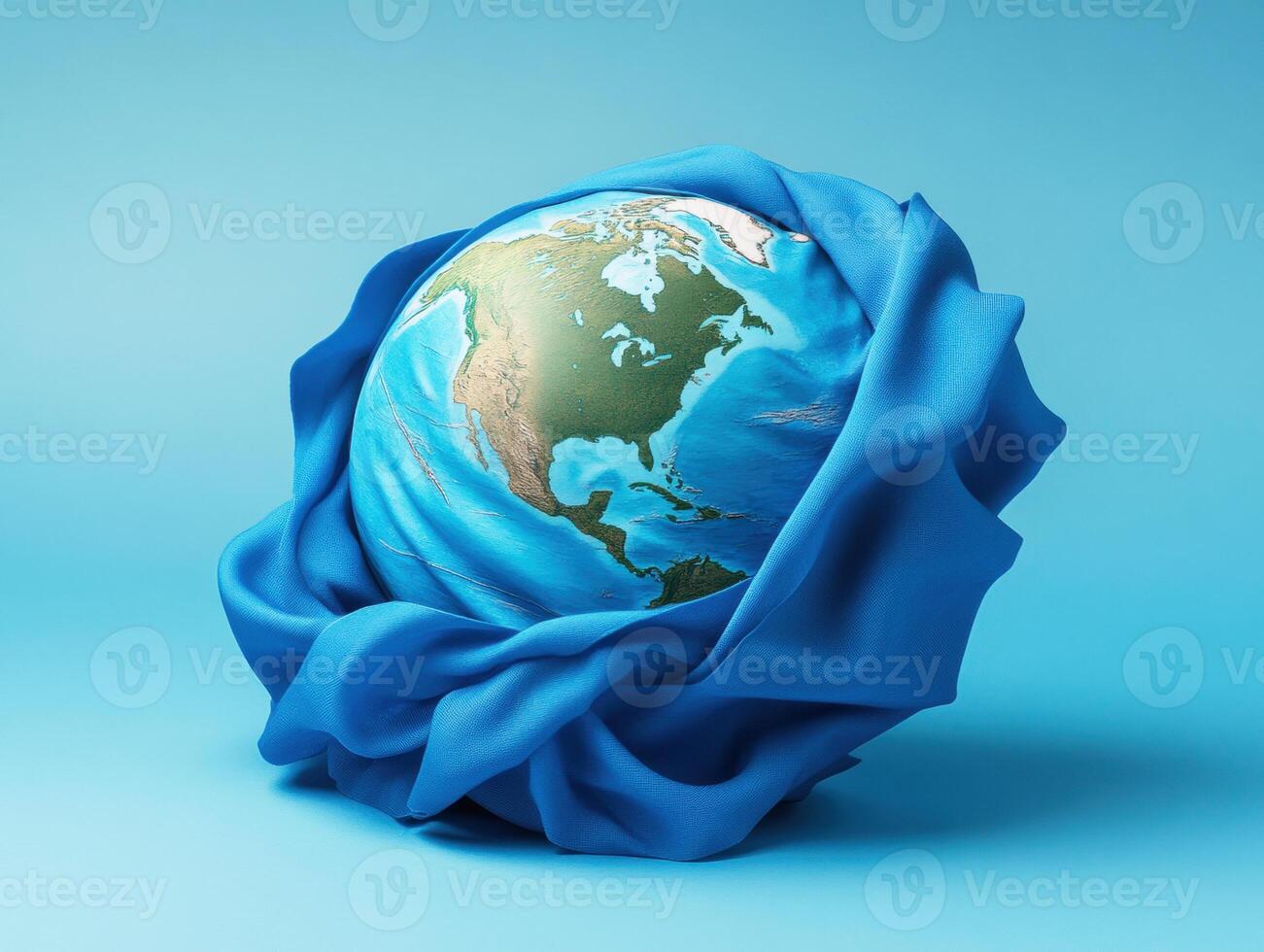 World globe wrapped in blue fabric against a blue background photo
