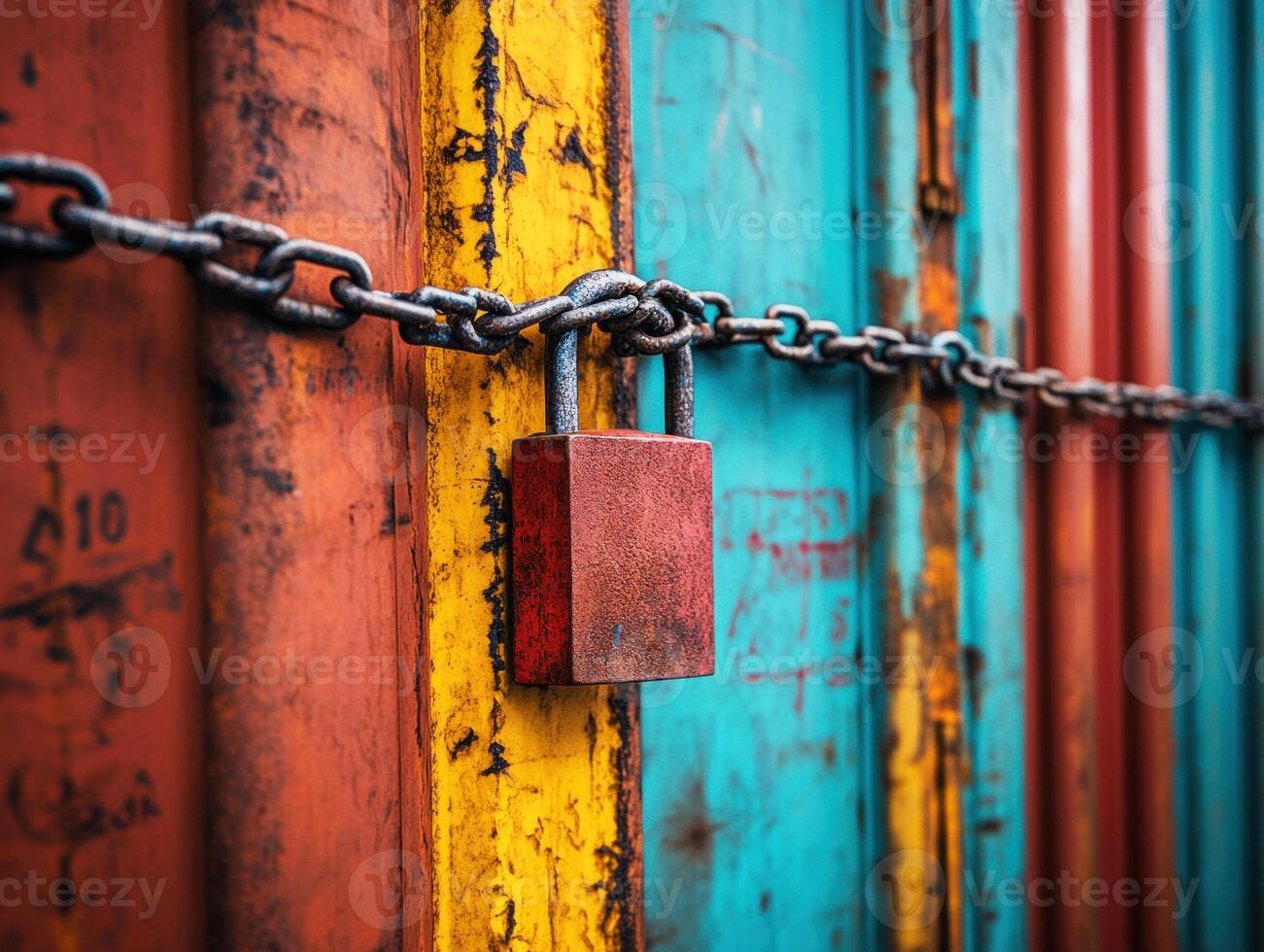 Lock secured by chain on colorful rusty shipping containers photo