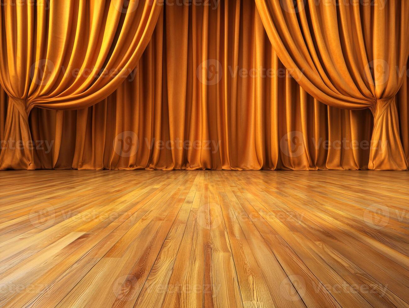 Stage ready for a performance with elegant golden curtains photo