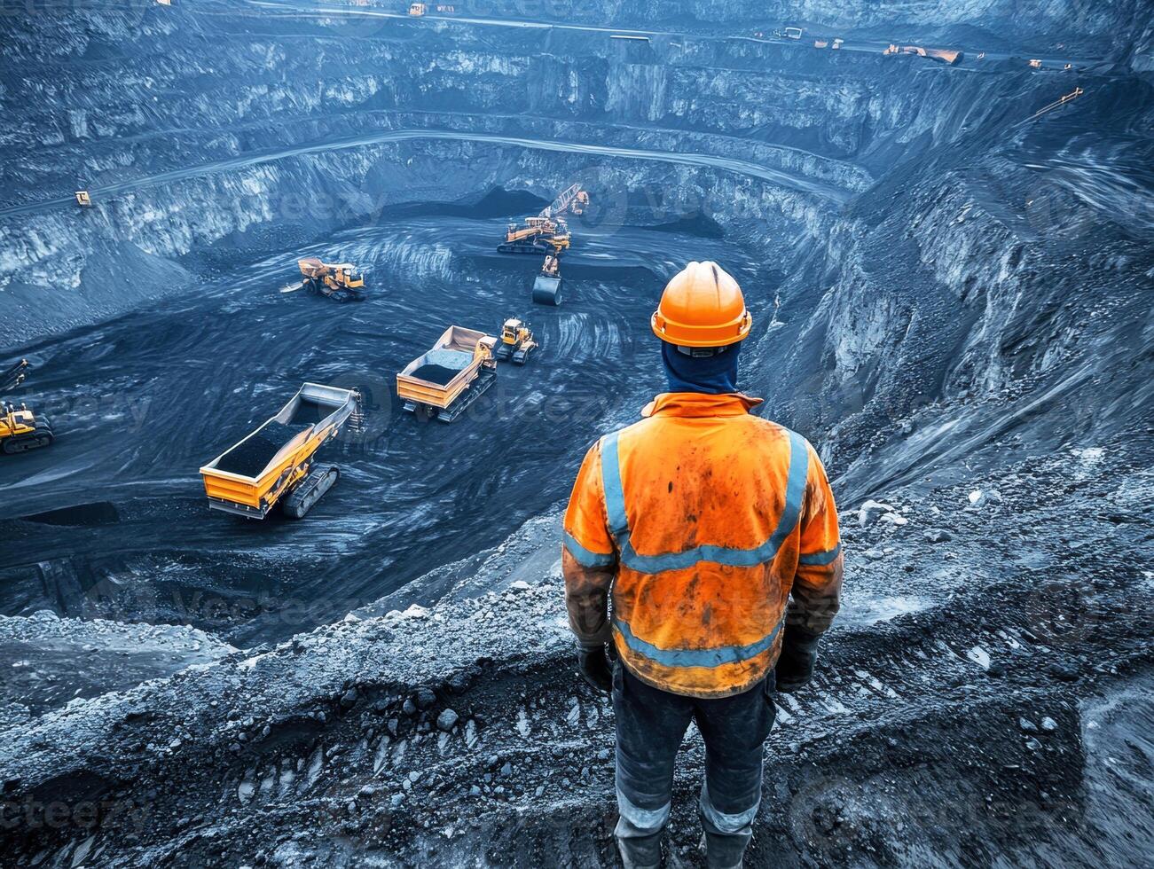 Heavy machinery operating in a mining site at sunset photo