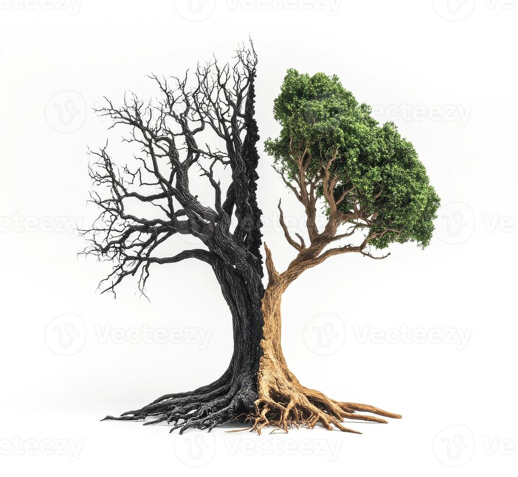 Contrast between life and death represented by two trees photo