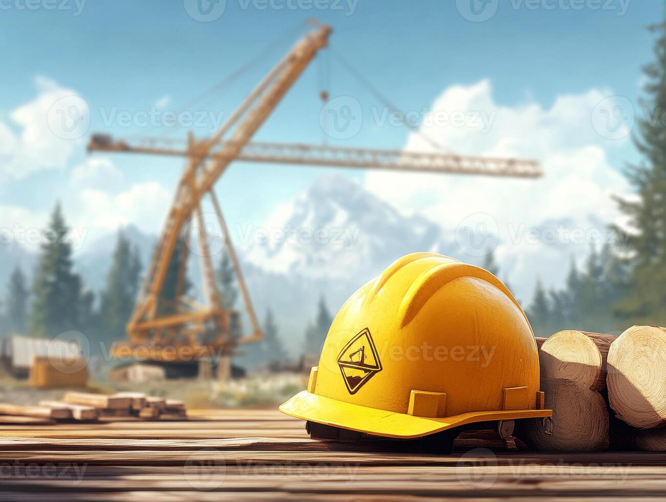 Construction site with yellow hard hat and logs near crane photo