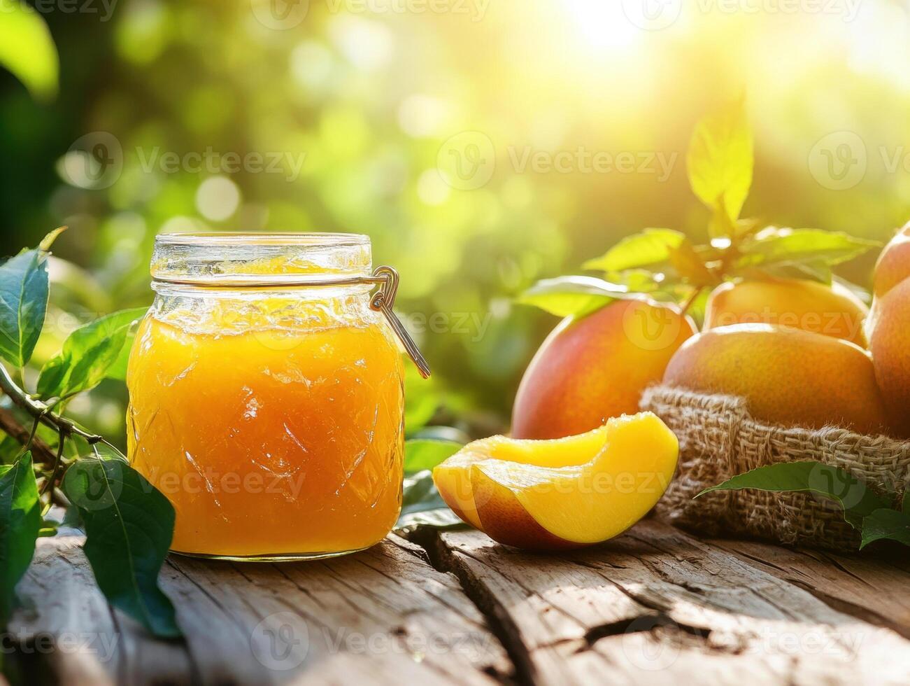 Mango jam jar with fresh mangoes on a wooden table outdoors photo