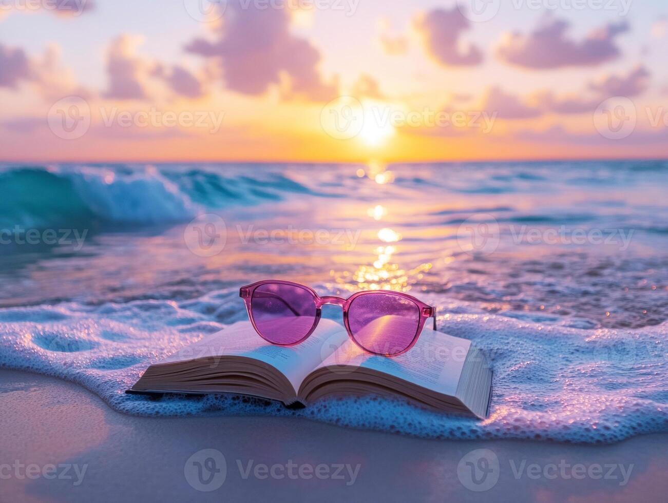 Enjoying a book at sunset by the ocean with sunglasses photo