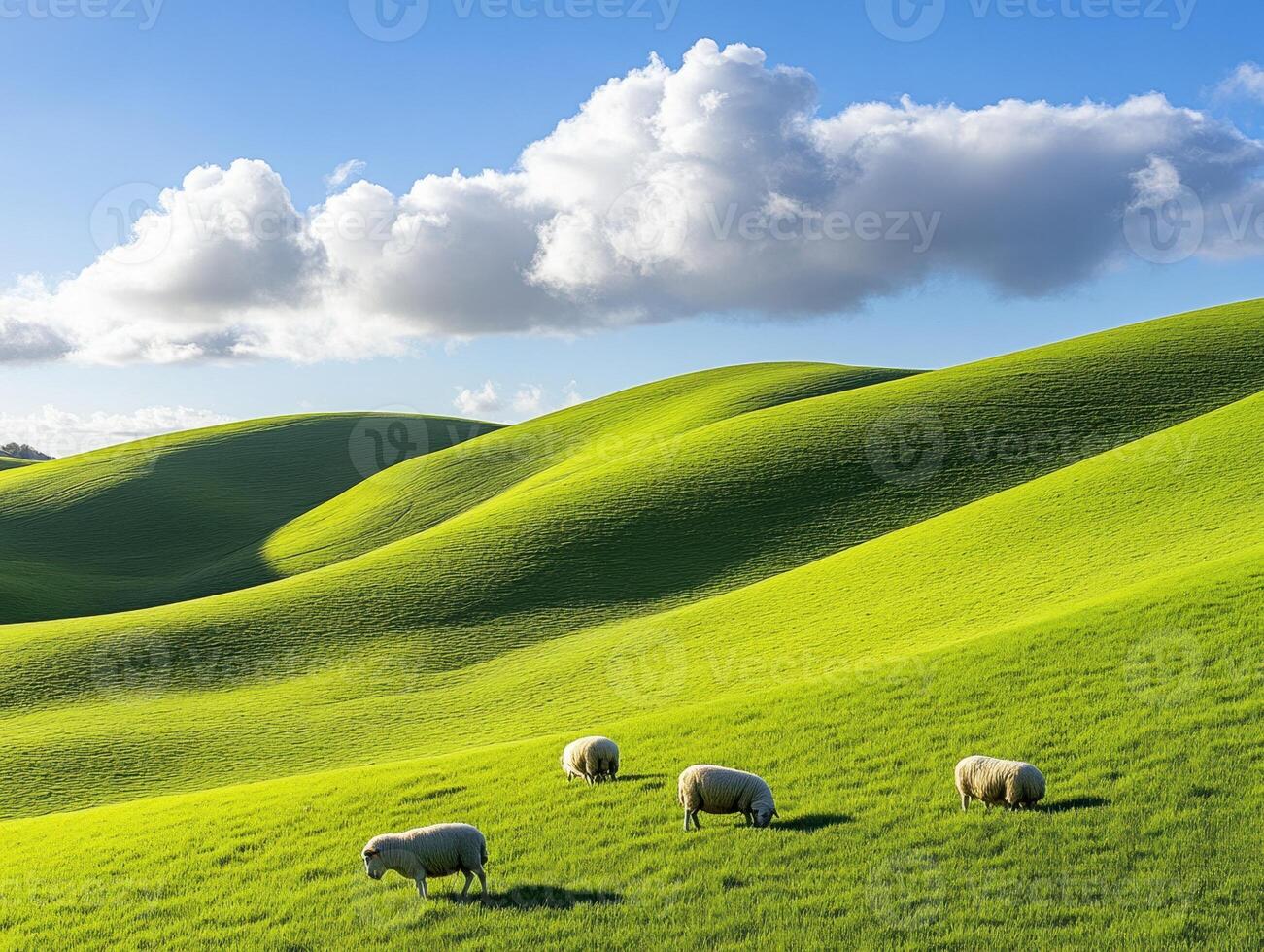 Rolling green hills with sheep grazing under a blue sky photo