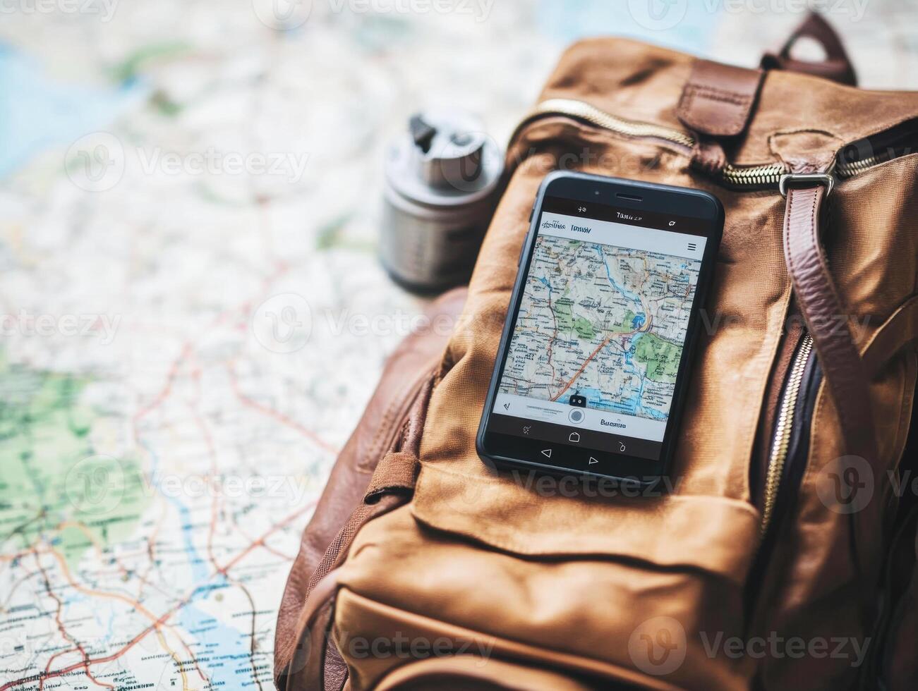 Exploring a new destination with a smartphone on a backpack photo