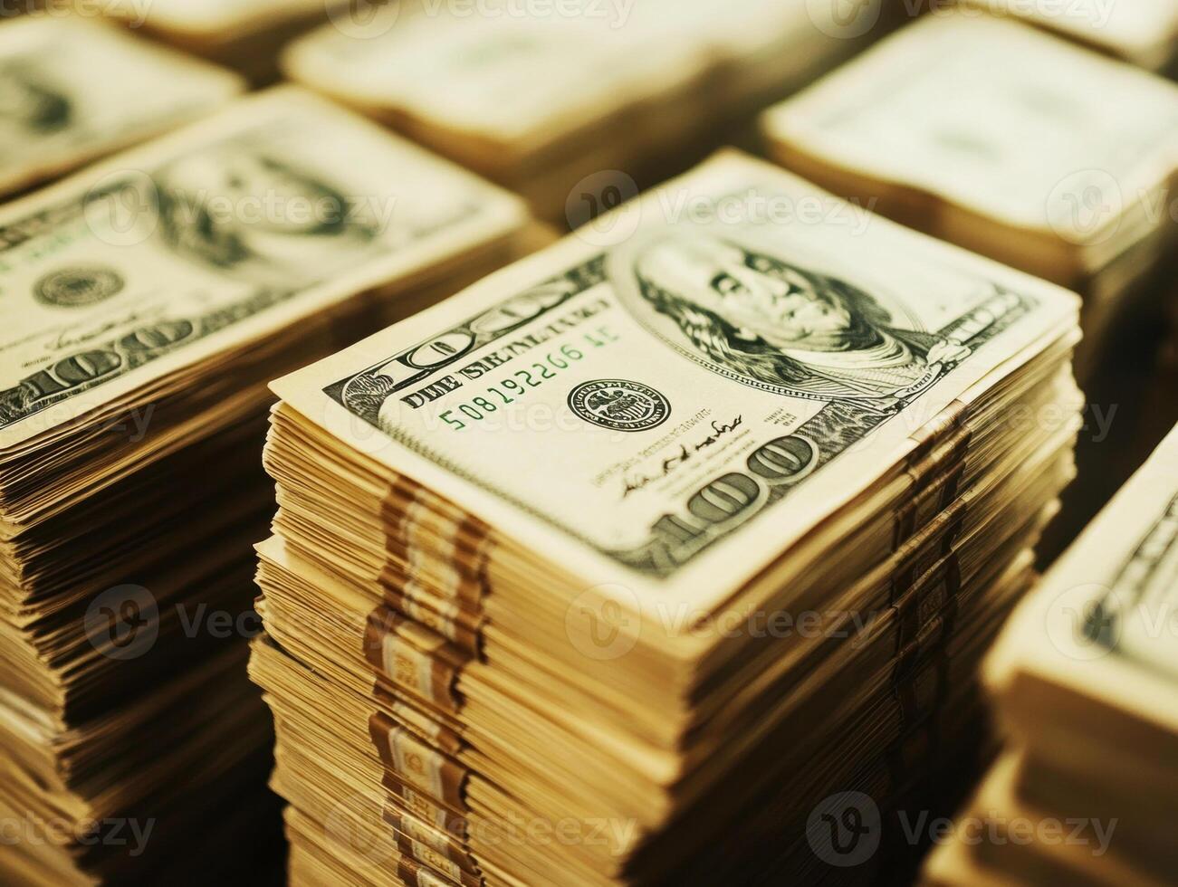 Stacks of hundred dollar bills arranged neatly for display photo