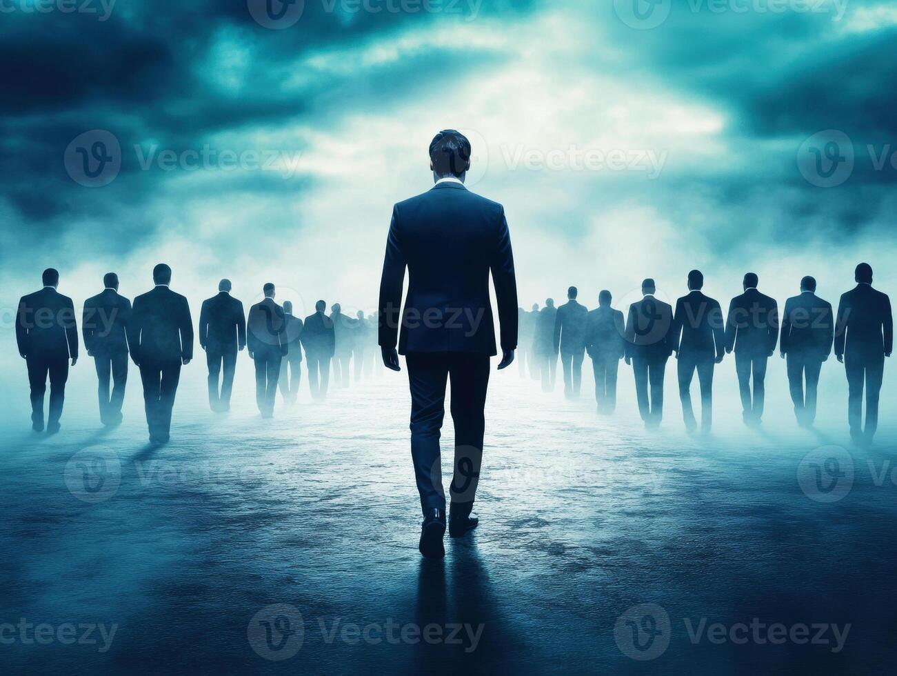 Mysterious figures walking through fog on a cloudy evening photo