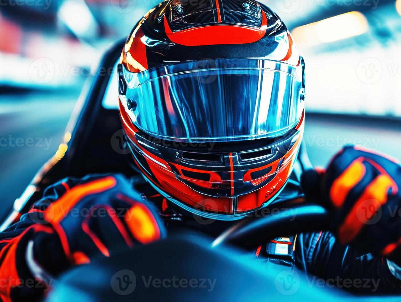 Racing driver in action at a high-speed circuit during a competition photo
