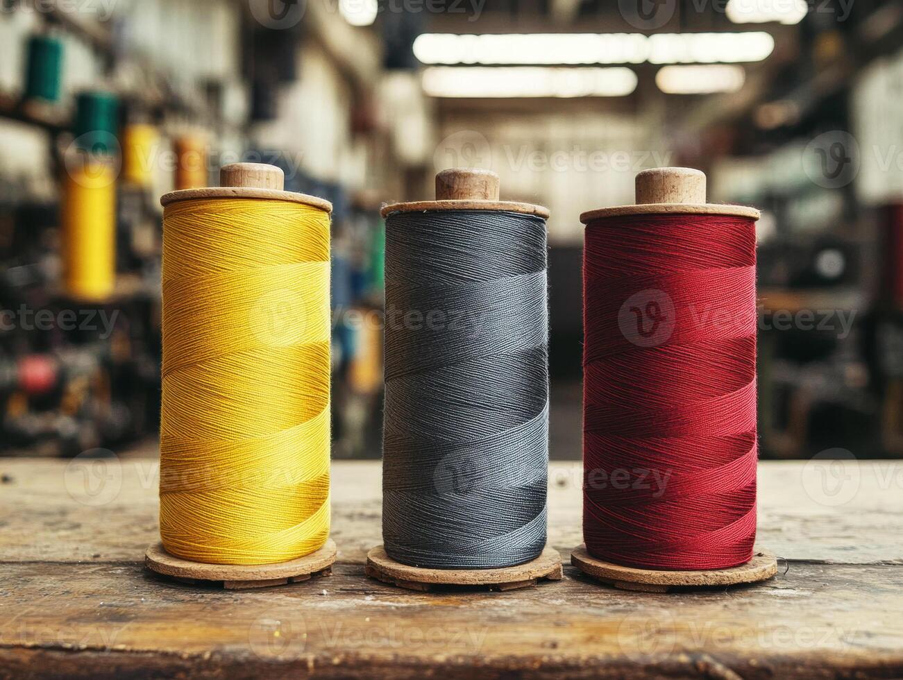 Colorful spools of thread arranged on a workbench in a workshop photo