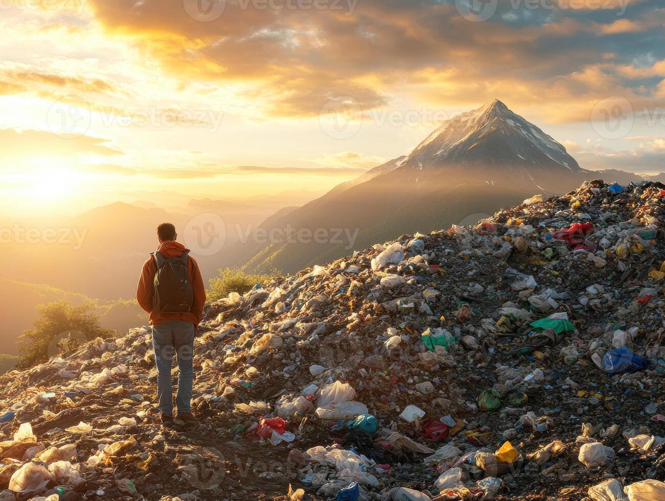 Man standing on a garbage hill with mountain view at sunrise photo