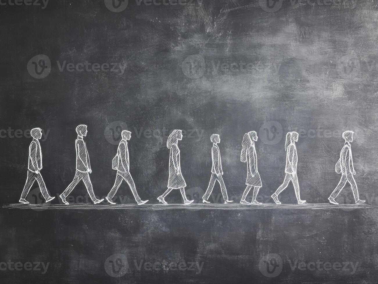 Figures walking in a line on a chalkboard background photo