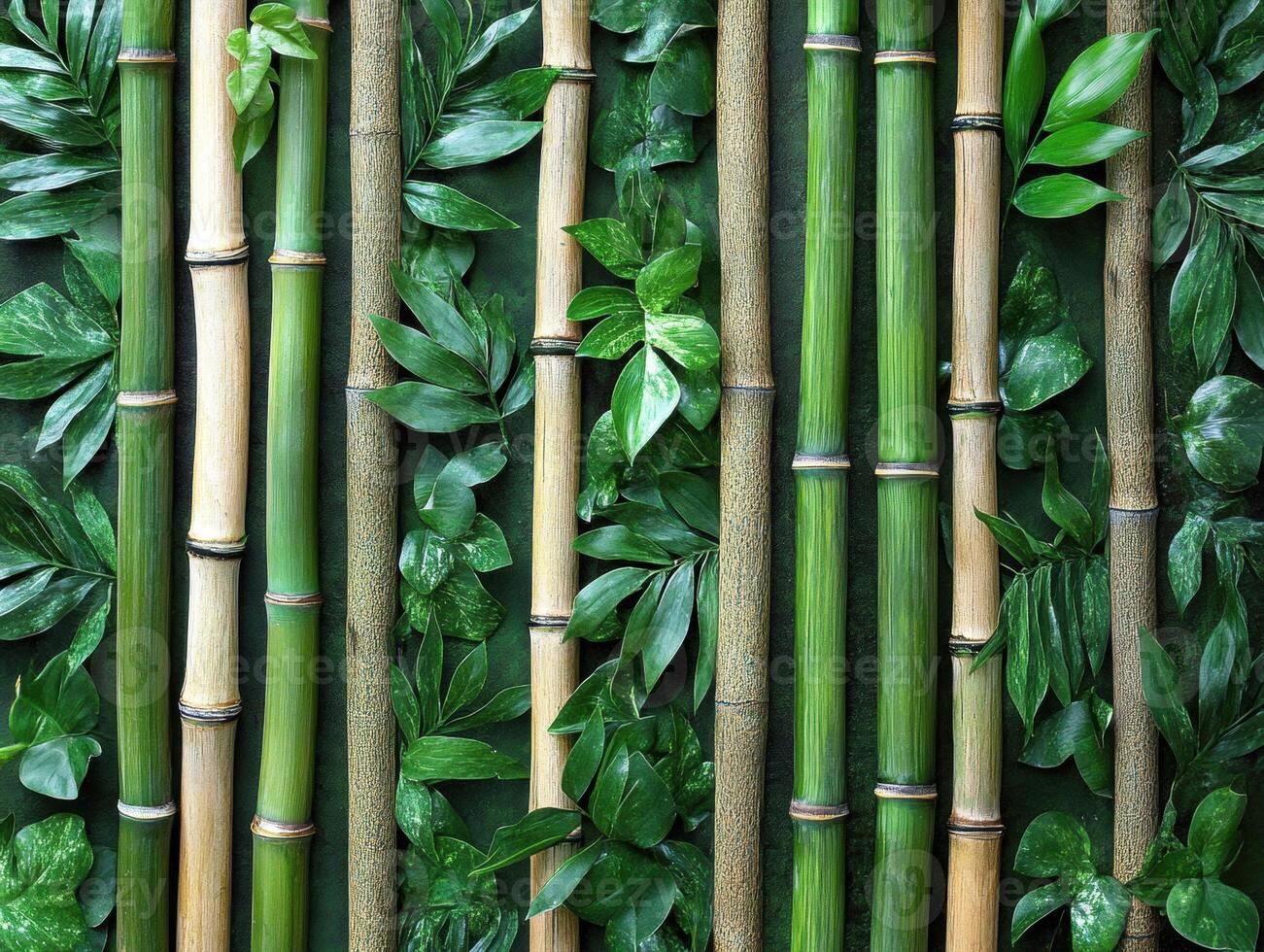 Bamboo stalks and green leaves create a serene natural background photo