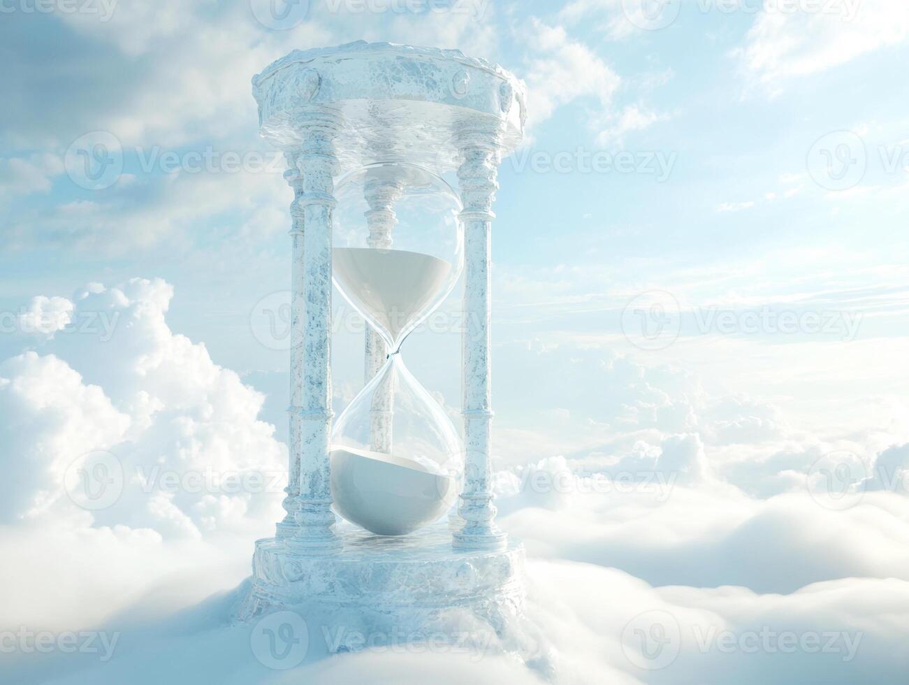 Hourglass suspended in clouds symbolizes the passage of time and the ethereal nature of dreams and aspirations photo