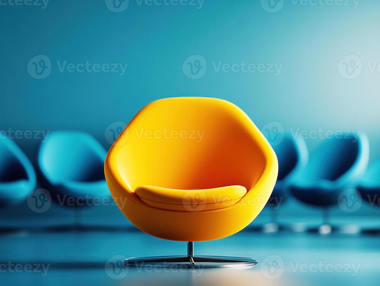 Bright yellow chair stands out in modern interior design with colorful blue chairs in the background during bright daylight hours photo
