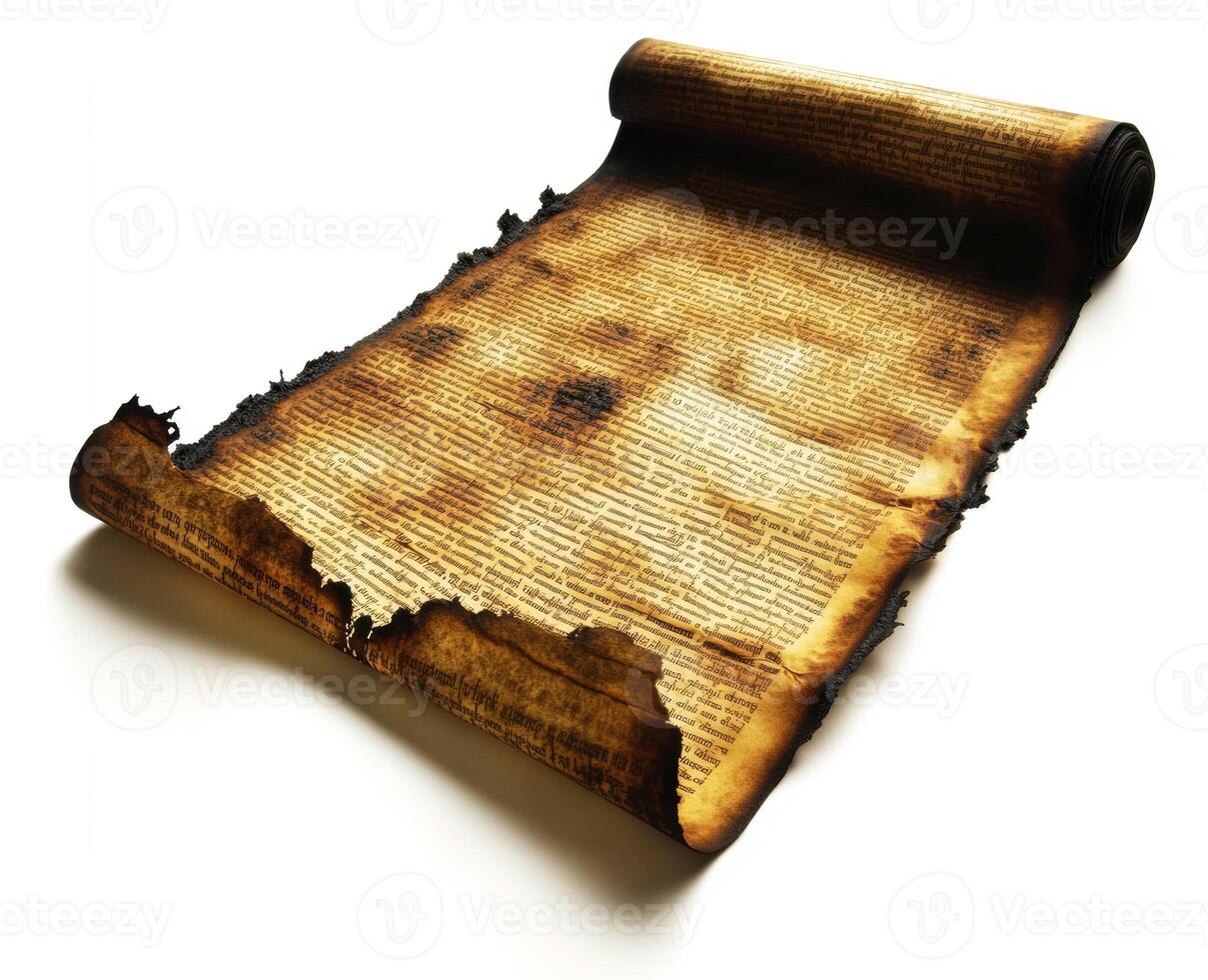 Old scroll with burnt edges displaying historical text and faded markings on a white background photo