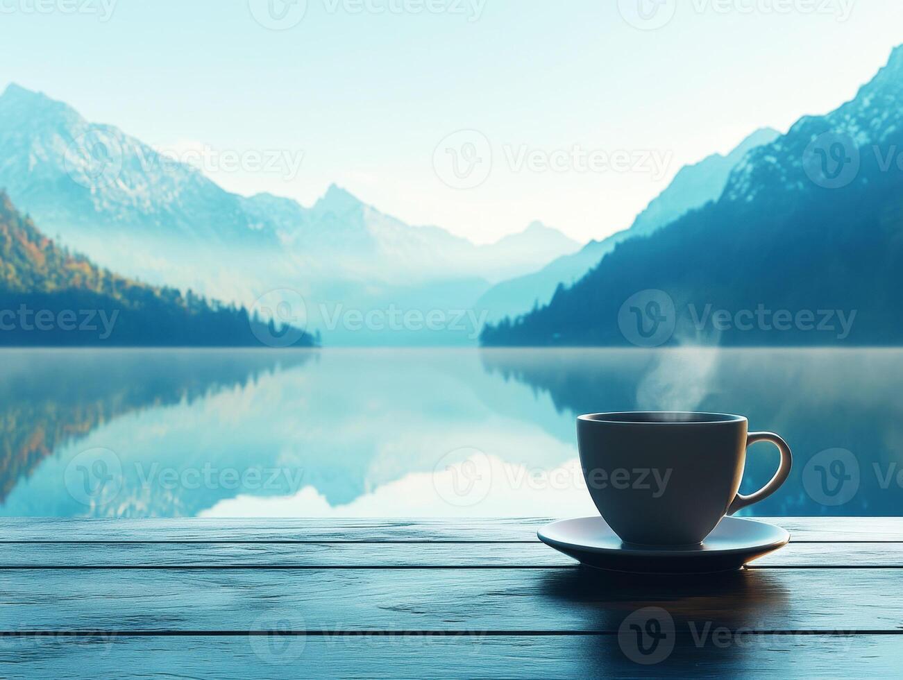 Morning coffee by the serene lake with majestic mountains in the background and steam rising from the cup photo