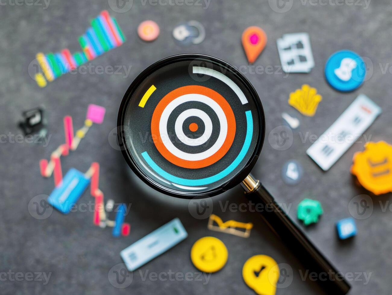 Magnifying glass revealing a colorful target among assorted creative elements on a gray surface in a workspace setting photo
