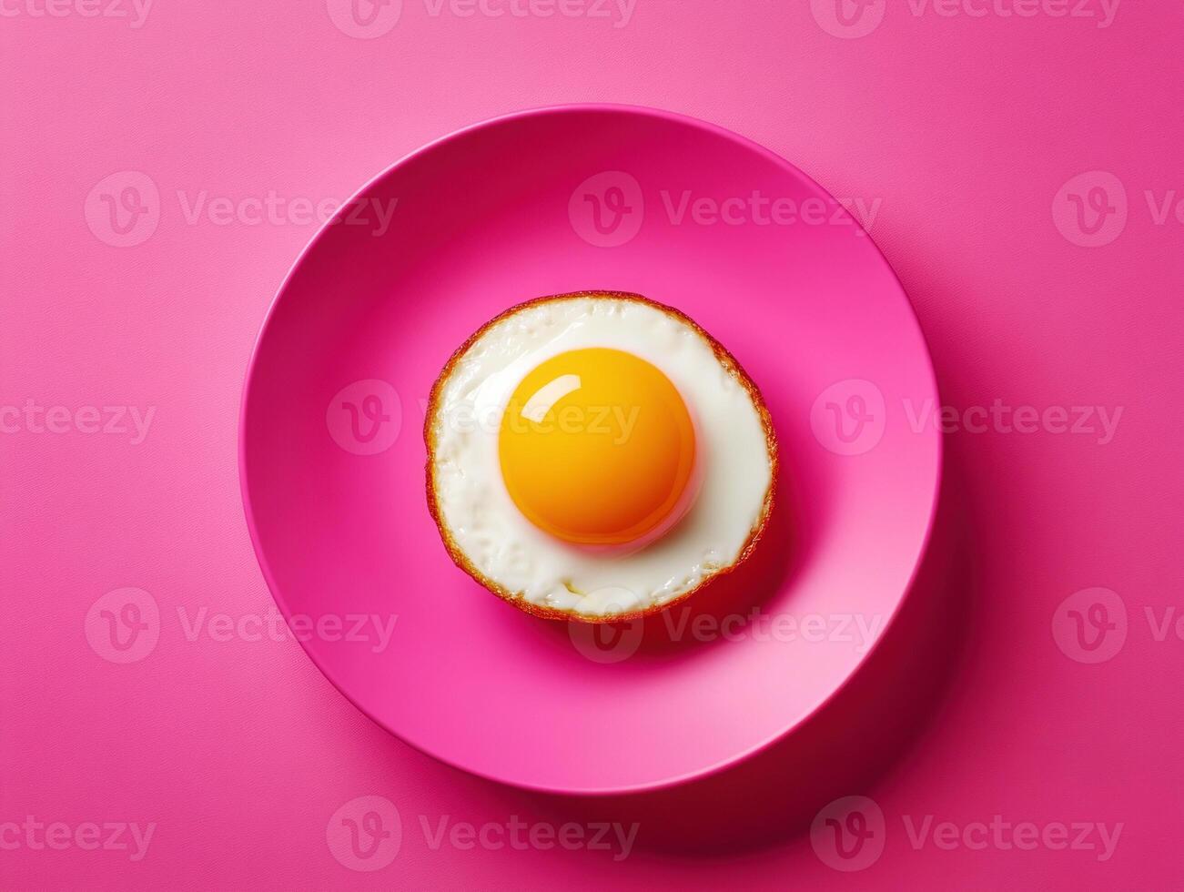 Bright yellow fried egg on a vibrant pink plate against a solid pink background photo