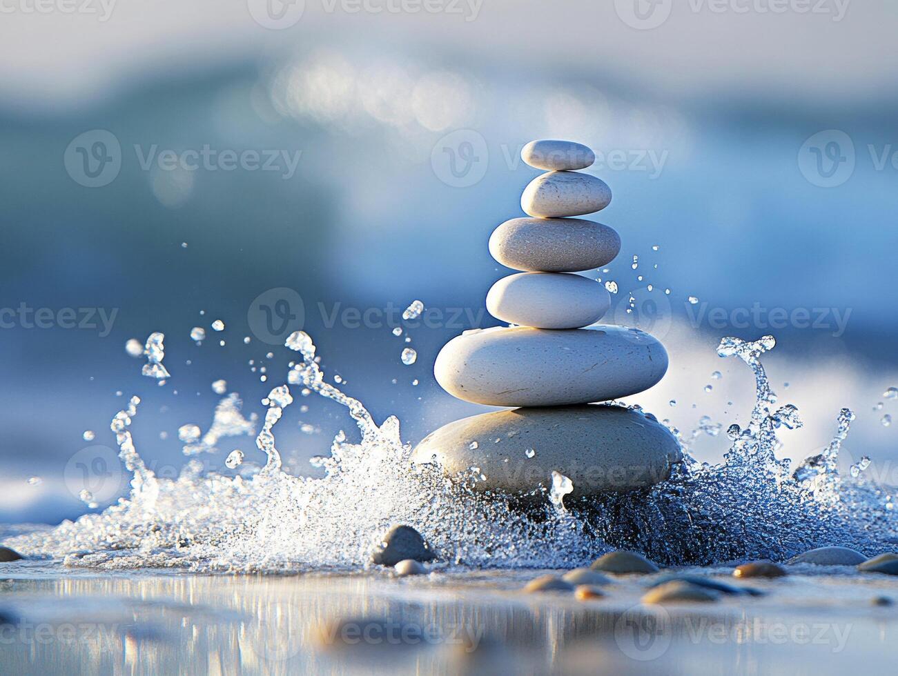 Building a peaceful stone tower on a beach with gentle waves splashing in the background during sunset photo