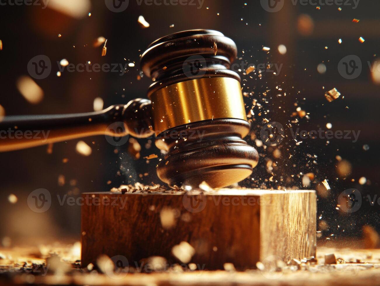 Gavel strikes wooden block, creating splinters in a courtroom setting during a legal proceeding photo