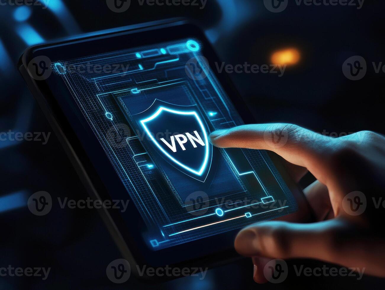 Using a tablet to activate a virtual private network feature in a dark environment while protecting online privacy photo
