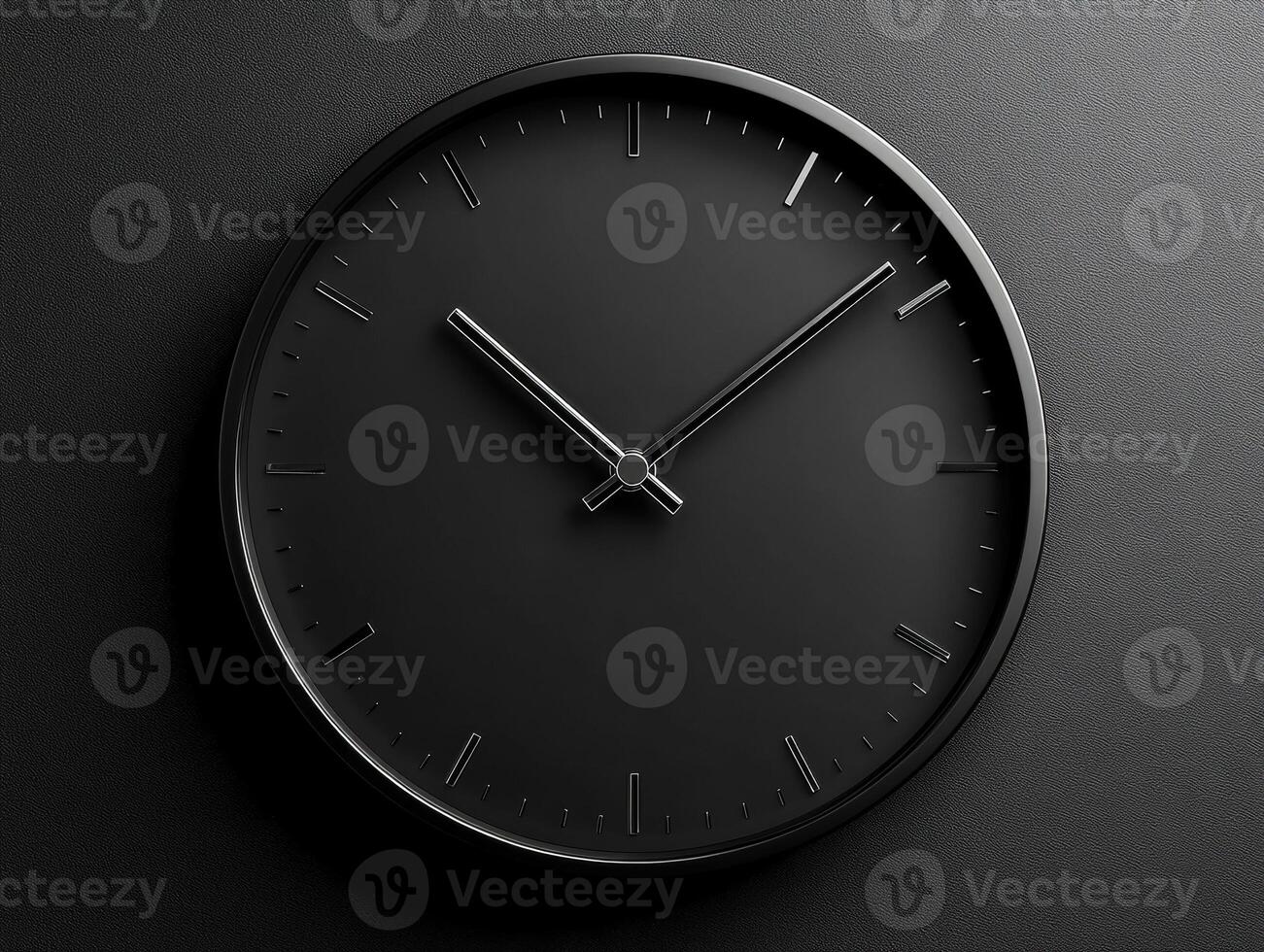Elegant black wall clock showing time in minimalist design on dark background photo