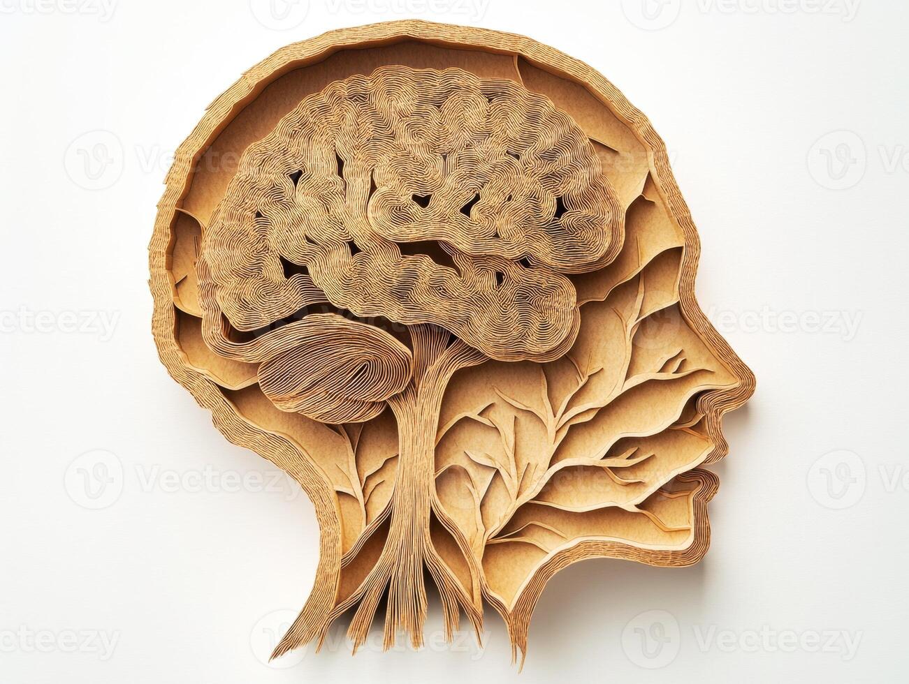 Wooden sculpture depicting a brain intertwined with a human face and foliage, showcasing artistic creativity and craftsmanship in a unique design photo
