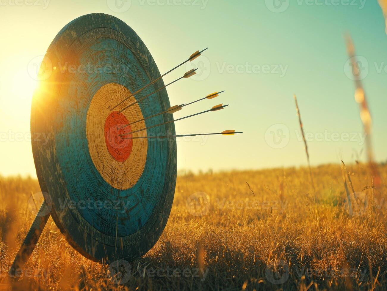 Archery target showcases arrows at sunset in a golden field during a tranquil evening photo
