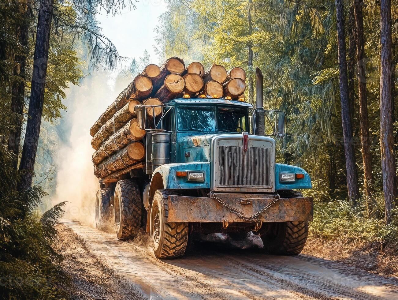 Heavy logging truck transporting timber through a forest trail under morning sunlight photo