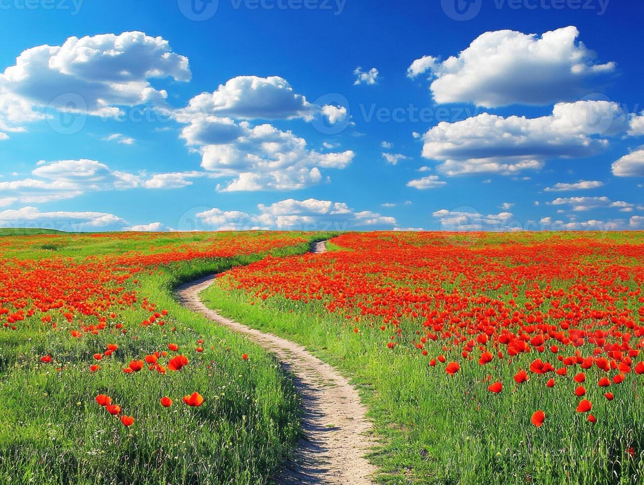 Vibrant poppy field under a bright blue sky with fluffy clouds during a sunny day photo