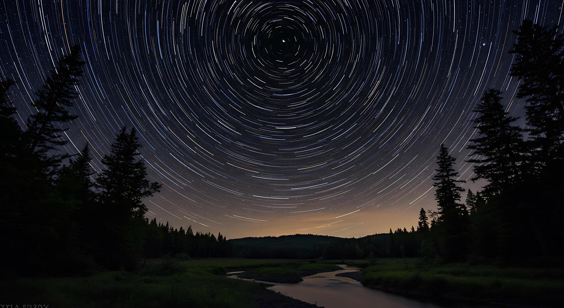 A river runs through a forest under a starry sky photo