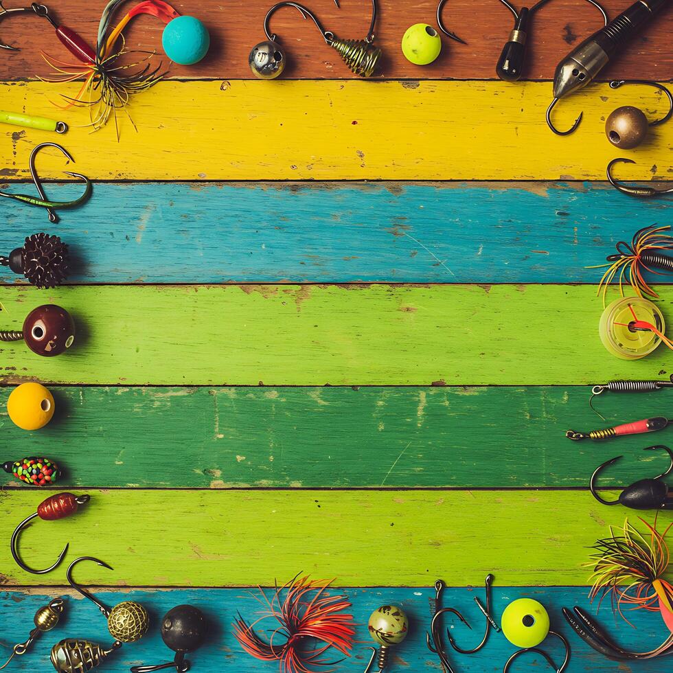 Colorful wooden background with fishing hooks and other items photo