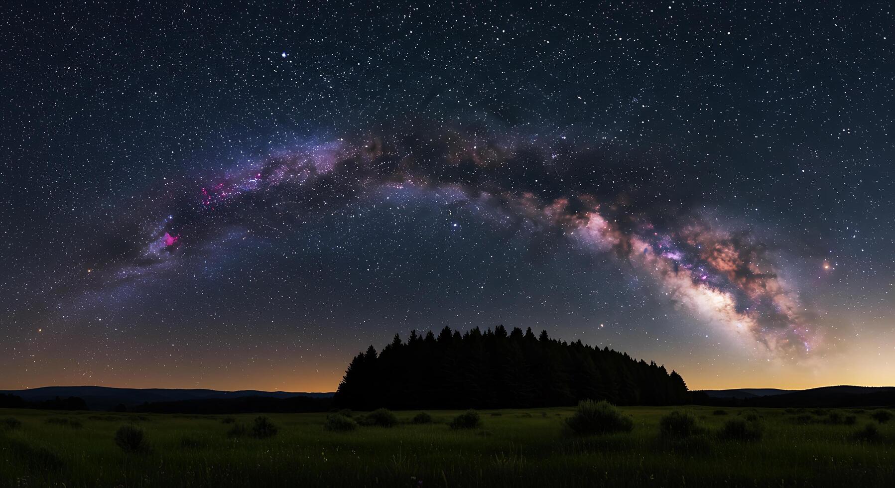 The milky way over a field with trees and trees photo