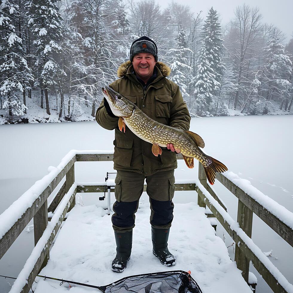 A man holding a large fish on a dock photo
