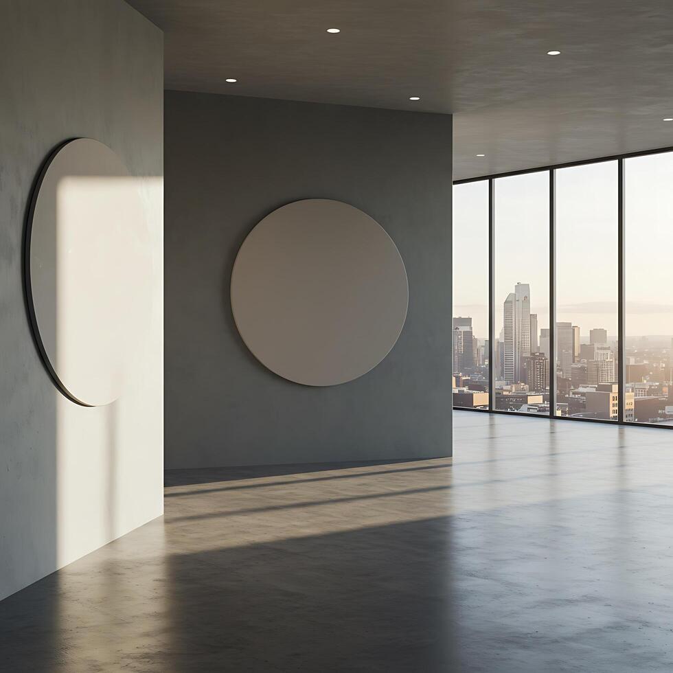 Empty room with large circular windows and a city view photo