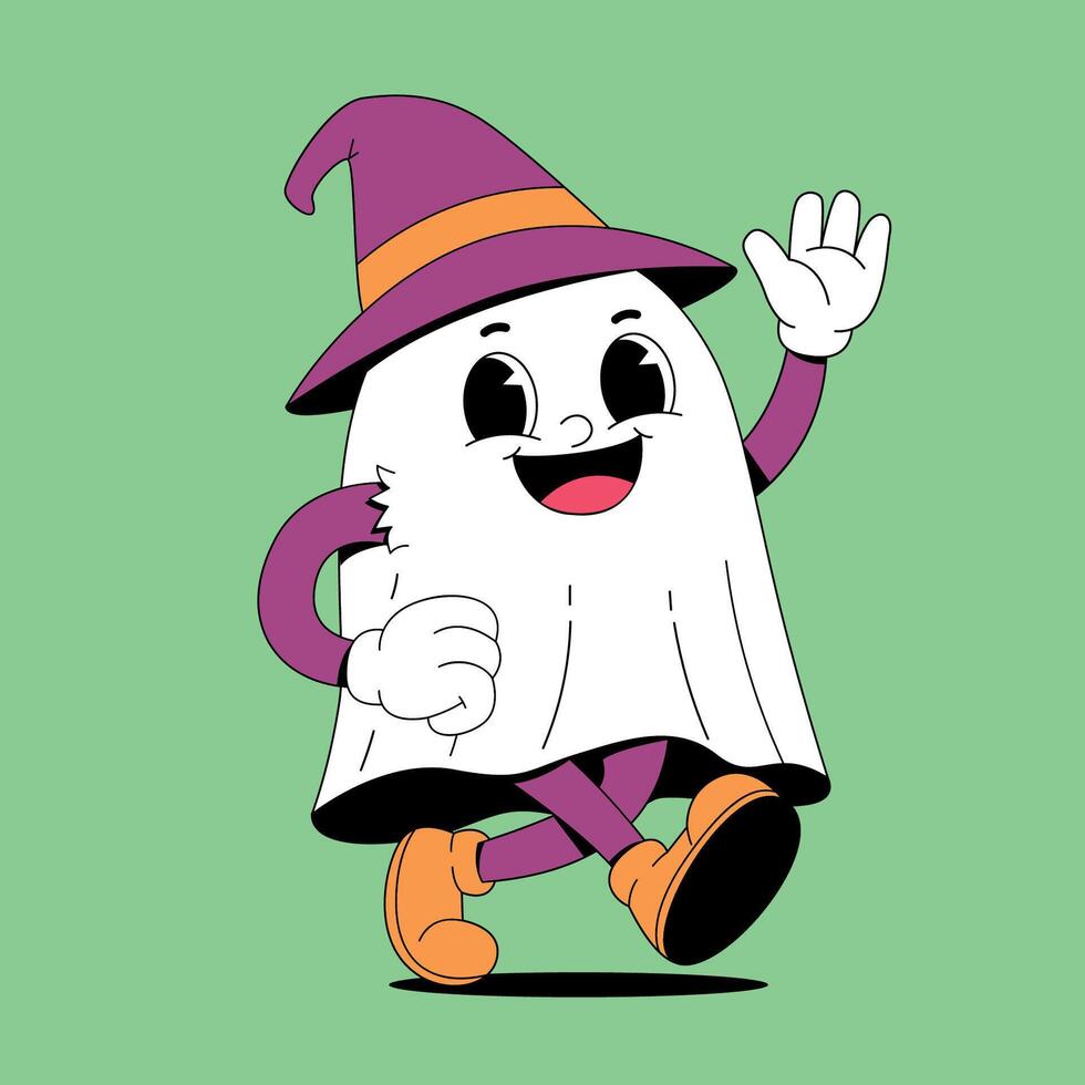 A cartoon ghost in a witch hat waving vector